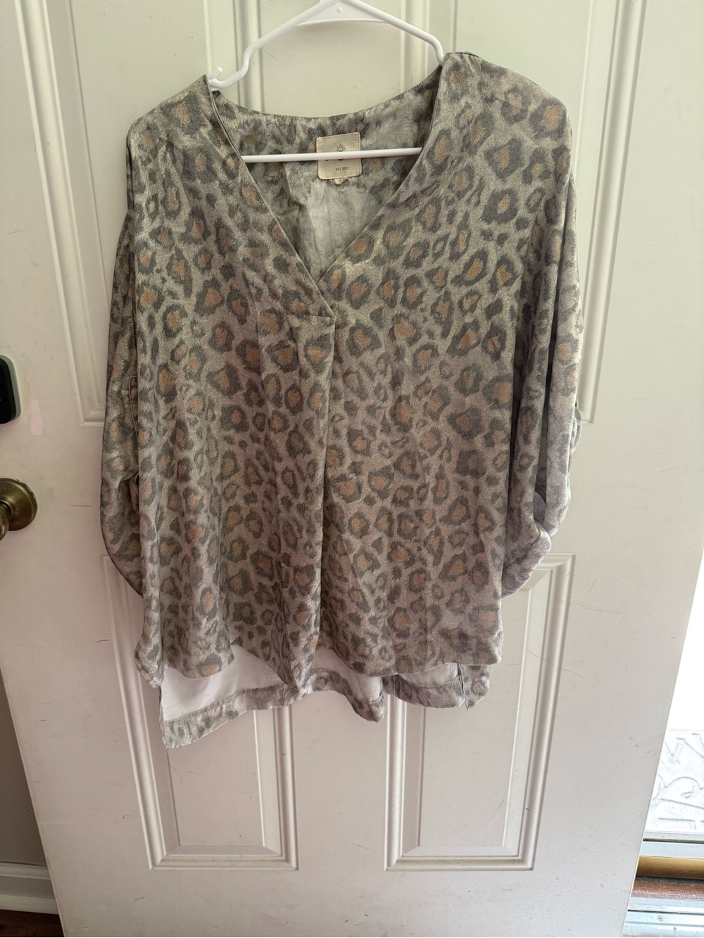 UmgeeLeopard Print V-Neck Dolman Sleeve Top - Gray/Taupe